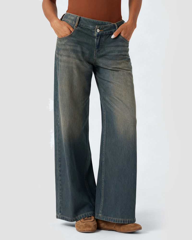 Asymmetric Low Rise Zipper Pockets Baggy Wide Leg Washed Casual Jeans