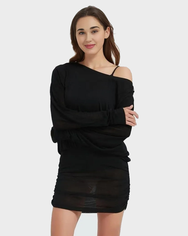 Sheer Ruched Off-Shoulder Mini Dress – Long Sleeve Party Style