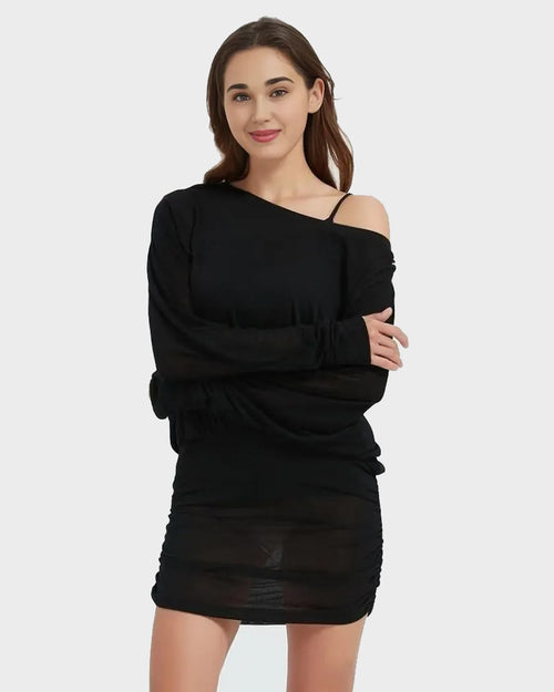 Sheer Ruched Off-Shoulder Mini Dress – Long Sleeve Party Style