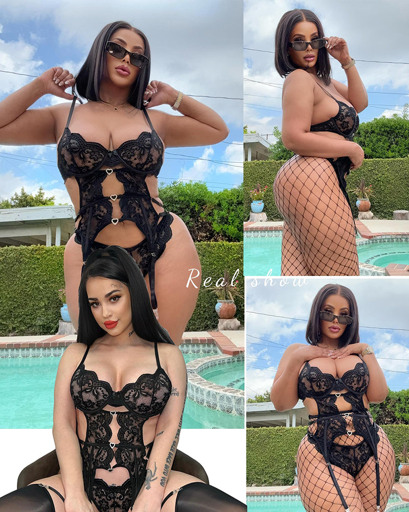 Sexy Floral Lace Babydoll Lingerie Set with Garter