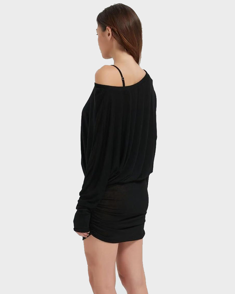 Sheer Ruched Off-Shoulder Mini Dress – Long Sleeve Party Style