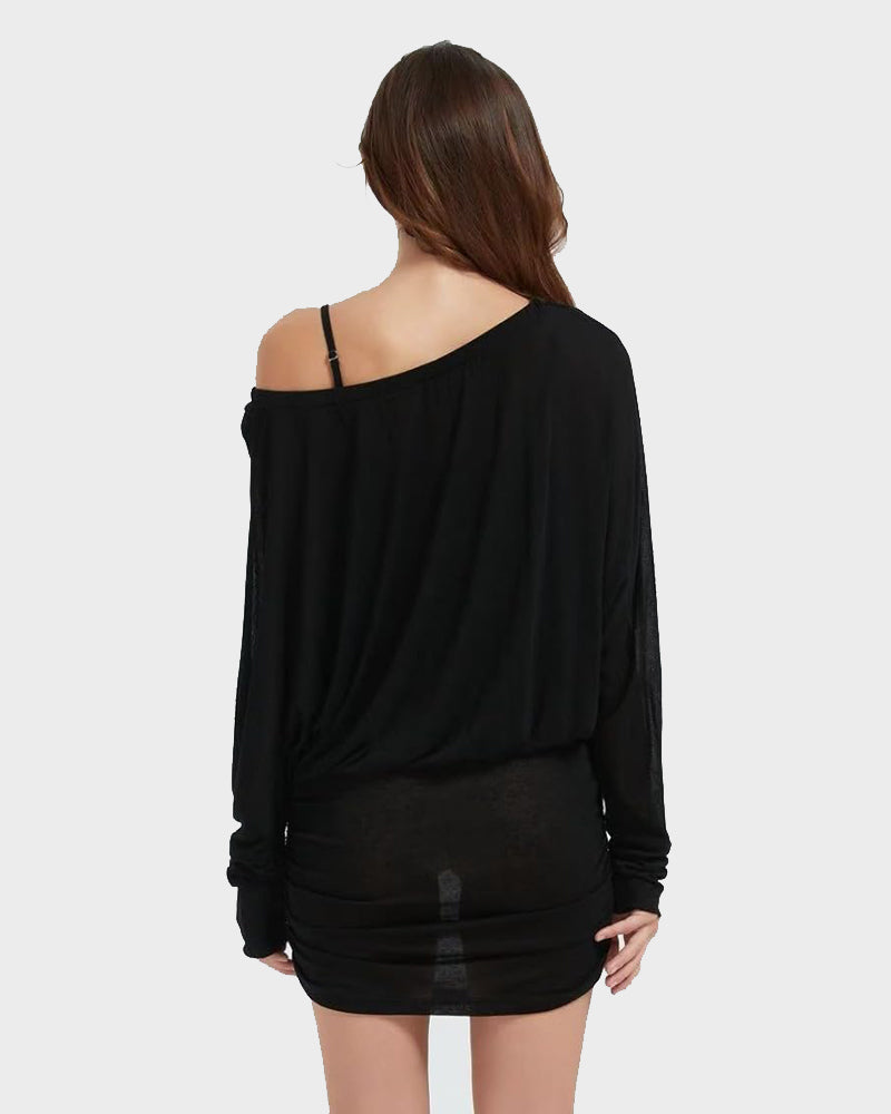 Sheer Ruched Off-Shoulder Mini Dress – Long Sleeve Party Style