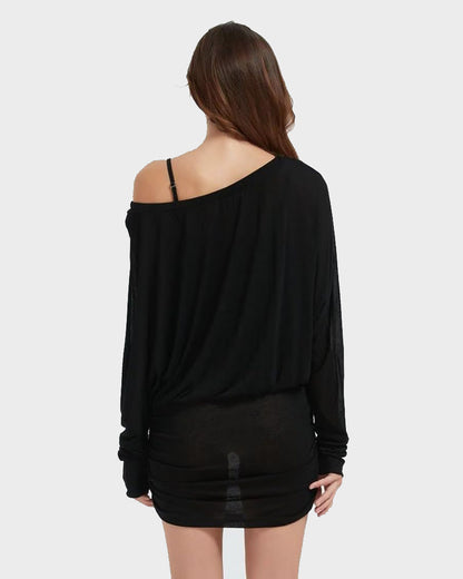 Sheer Ruched Off-Shoulder Mini Dress – Long Sleeve Party Style