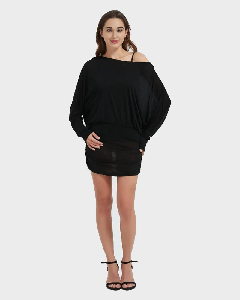 Sheer Ruched Off-Shoulder Mini Dress – Long Sleeve Party Style