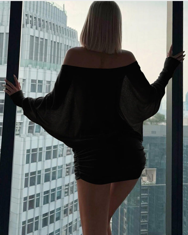Sheer Ruched Off-Shoulder Mini Dress – Long Sleeve Party Style