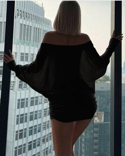 Sheer Ruched Off-Shoulder Mini Dress – Long Sleeve Party Style