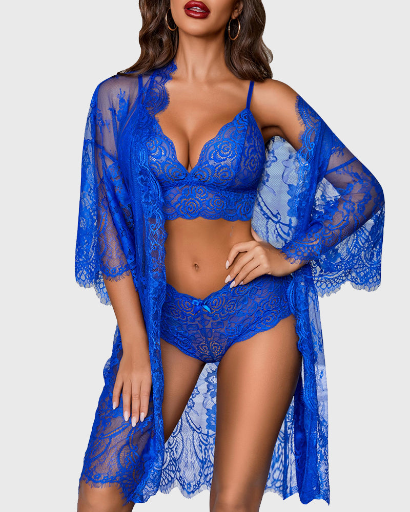 Alluring 3-Piece Lace Lingerie Set with Robe