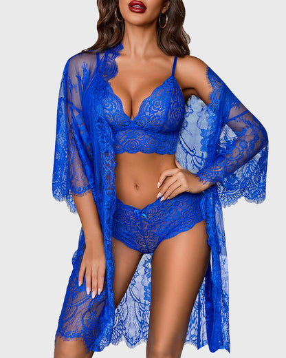 Alluring 3-Piece Lace Lingerie Set with Robe