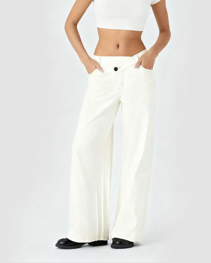 Asymmetric Low Rise Zipper Pockets Baggy Wide Leg Washed Casual Jeans