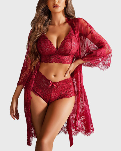 Alluring 3-Piece Lace Lingerie Set with Robe
