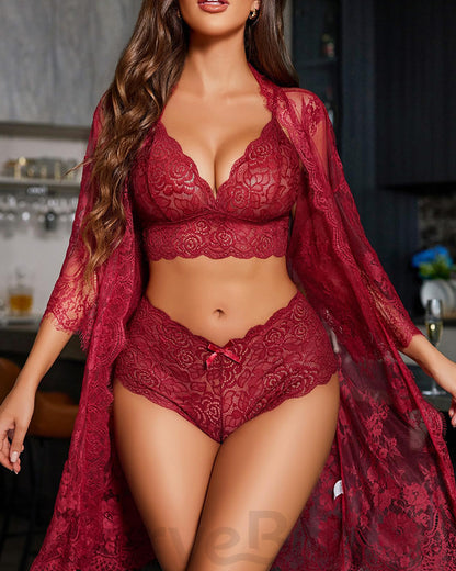 Alluring 3-Piece Lace Lingerie Set with Robe
