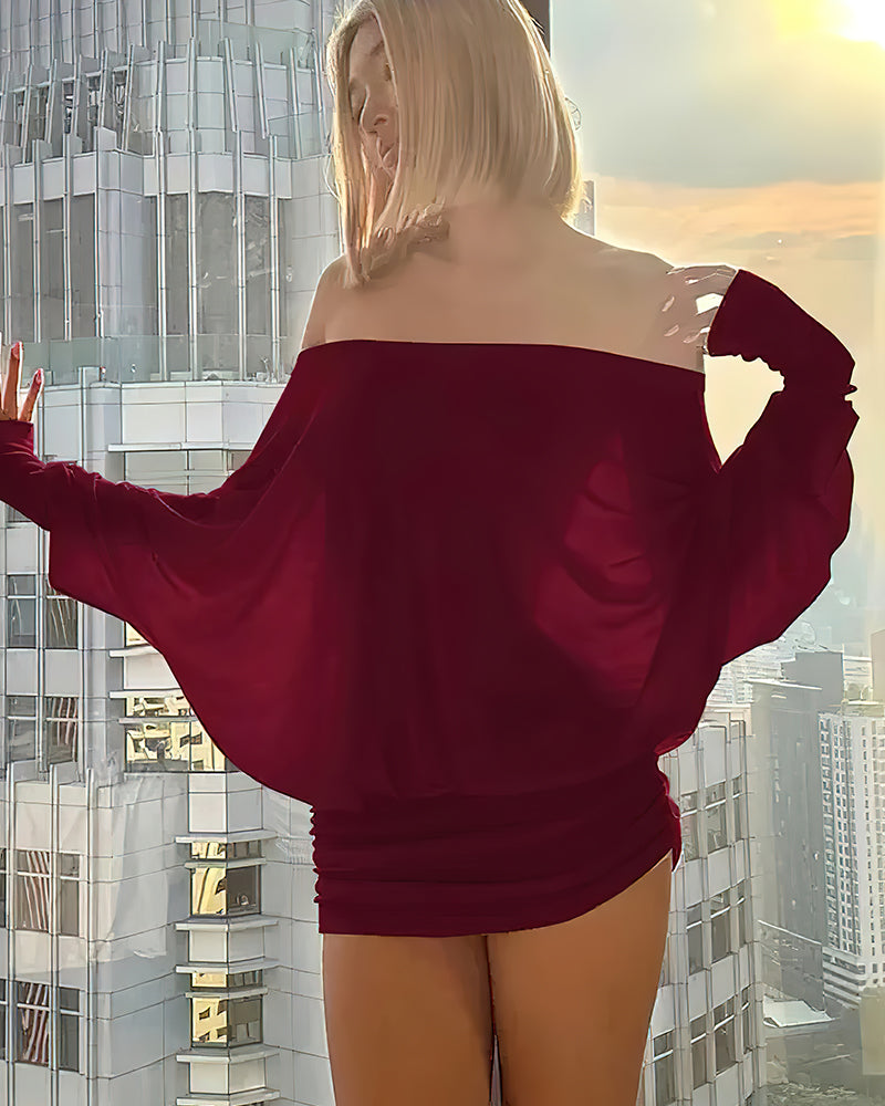 Sheer Ruched Off-Shoulder Mini Dress – Long Sleeve Party Style