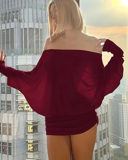 Sheer Ruched Off-Shoulder Mini Dress – Long Sleeve Party Style