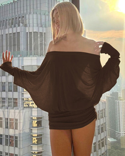 Sheer Ruched Off-Shoulder Mini Dress – Long Sleeve Party Style