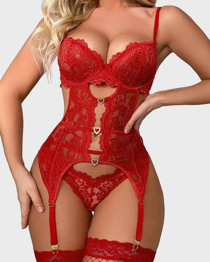 Sexy Floral Lace Babydoll Lingerie Set with Garter